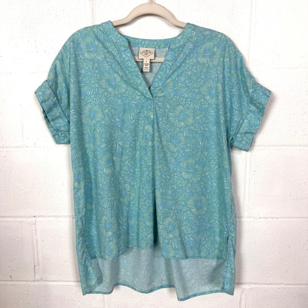 St Johns Bay Linen Blend Popover Top Relaxed Hi-Lo Tropical Floral Resort SZ S
